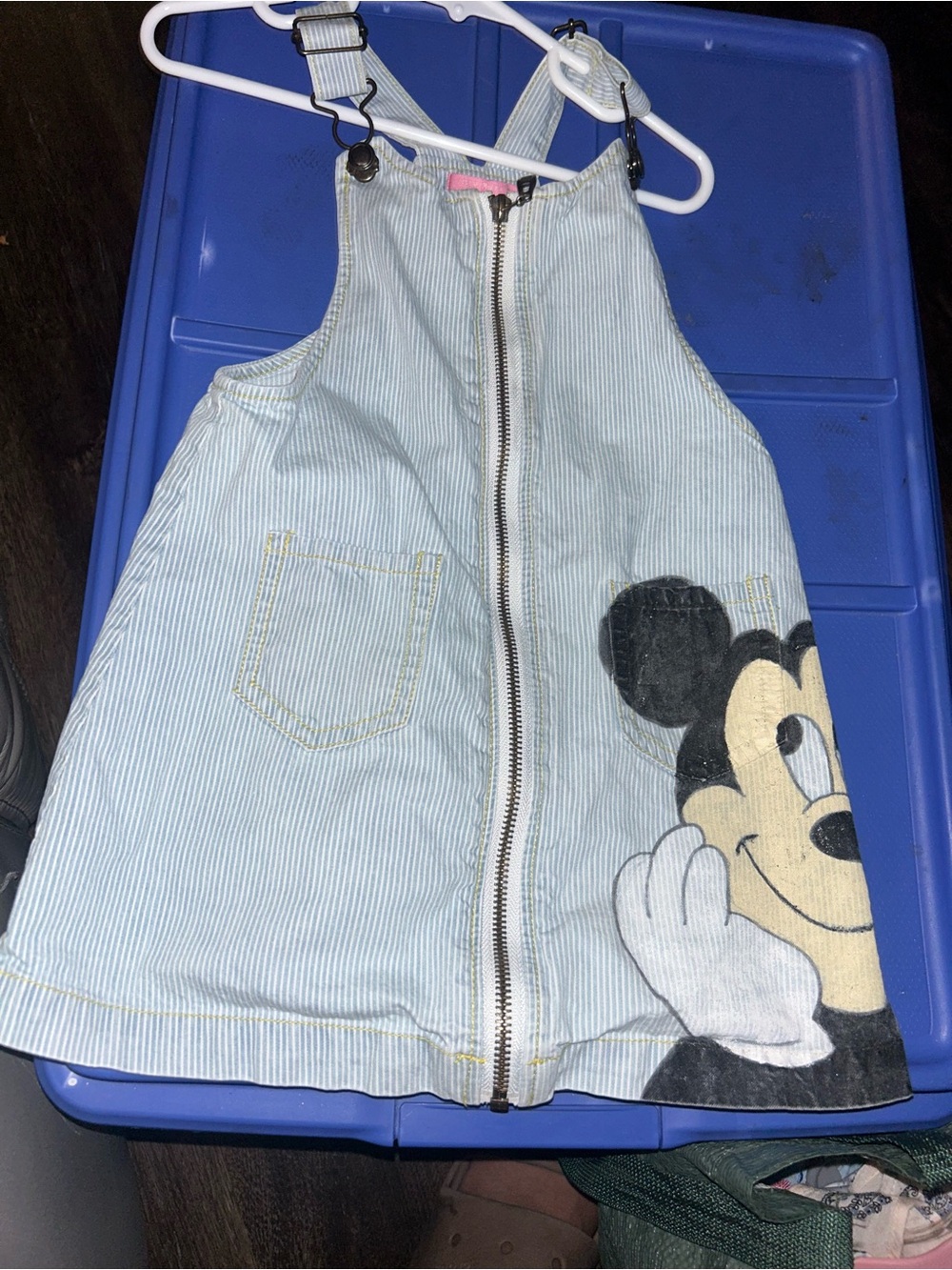 🍄3 for $10🍄 Isaac Mizrahi Light Blue Pinstripe Overall Dress with Mickey Graphic